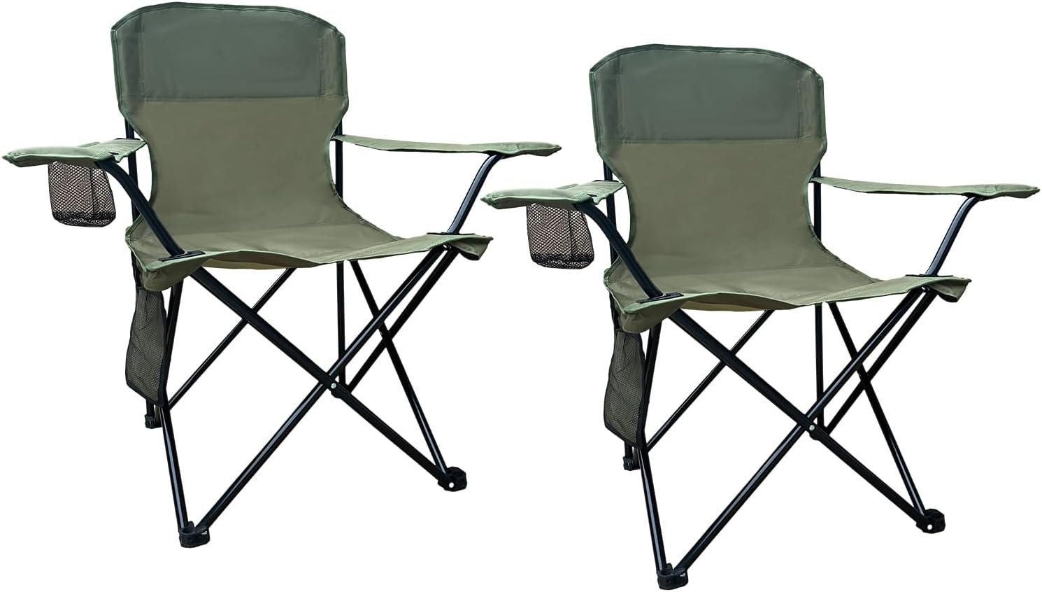 2PCS Folding Outdoor Beach Camp Chair with Cup Holder, Storage Pocket, Waterproof Bag Outdoor Arm Chair, Supports 225LBS, Green
