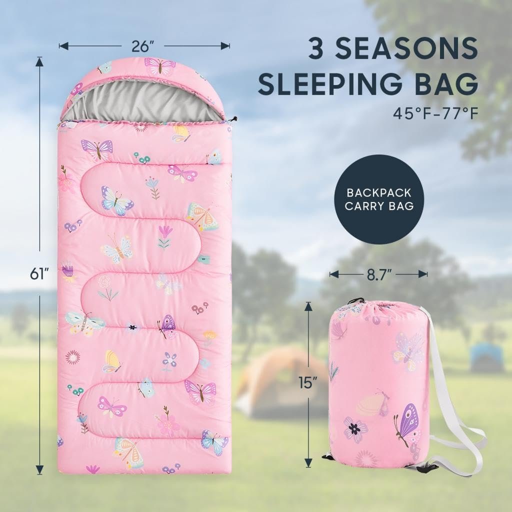 Kids Sleeping Bag for Girls Toddlers, Camping in Warm Cold Weather, Backpacking Lightweight Compact Outdoor Liner for 3 Seasons Summer Spring Fall - Image 2