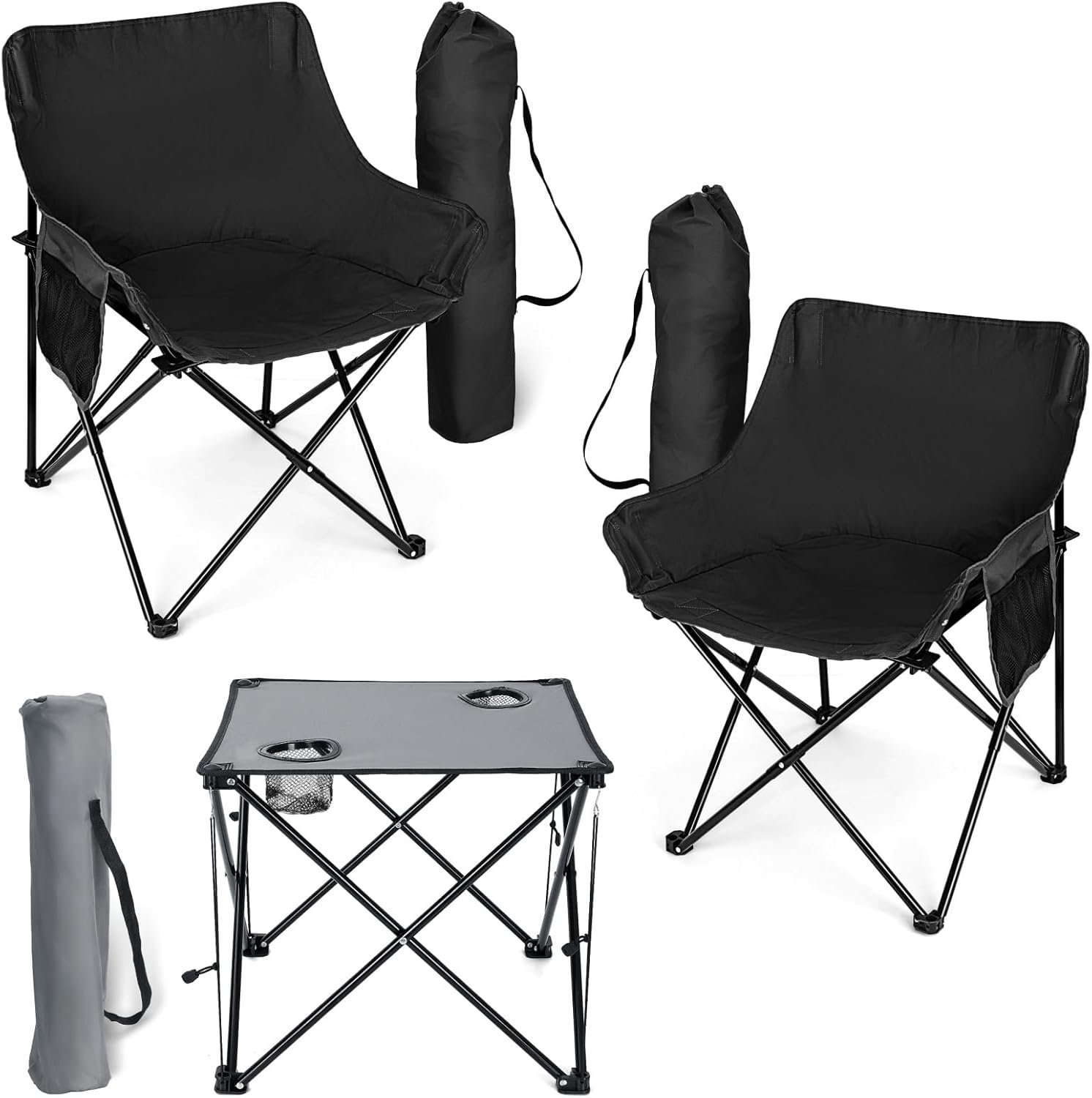 Camping Chairs Set for Adults, 2 Black Folding Moon Chairs & 1 Lightweight Camp Table, with Side Pockets & Cup Holders, Carrying Bags Portable for Outdoor Travel Beach Backyard Fishing Hiking