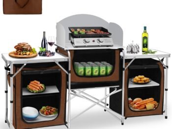 Camping Kitchen Table, Aluminum Portable Outdoor Cooking Table, Foldable Camp Table with Windscreen and 3 Storage Cupboards Multifunctional for BBQ, Party, Picnics & Outdoor Brown