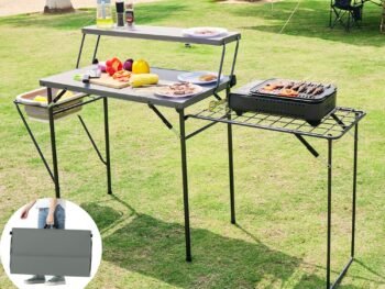 Folding Grill Tables for Outside Camping, Lightweight Kitchen Camping Table with Grill Stand for Stove, Grey