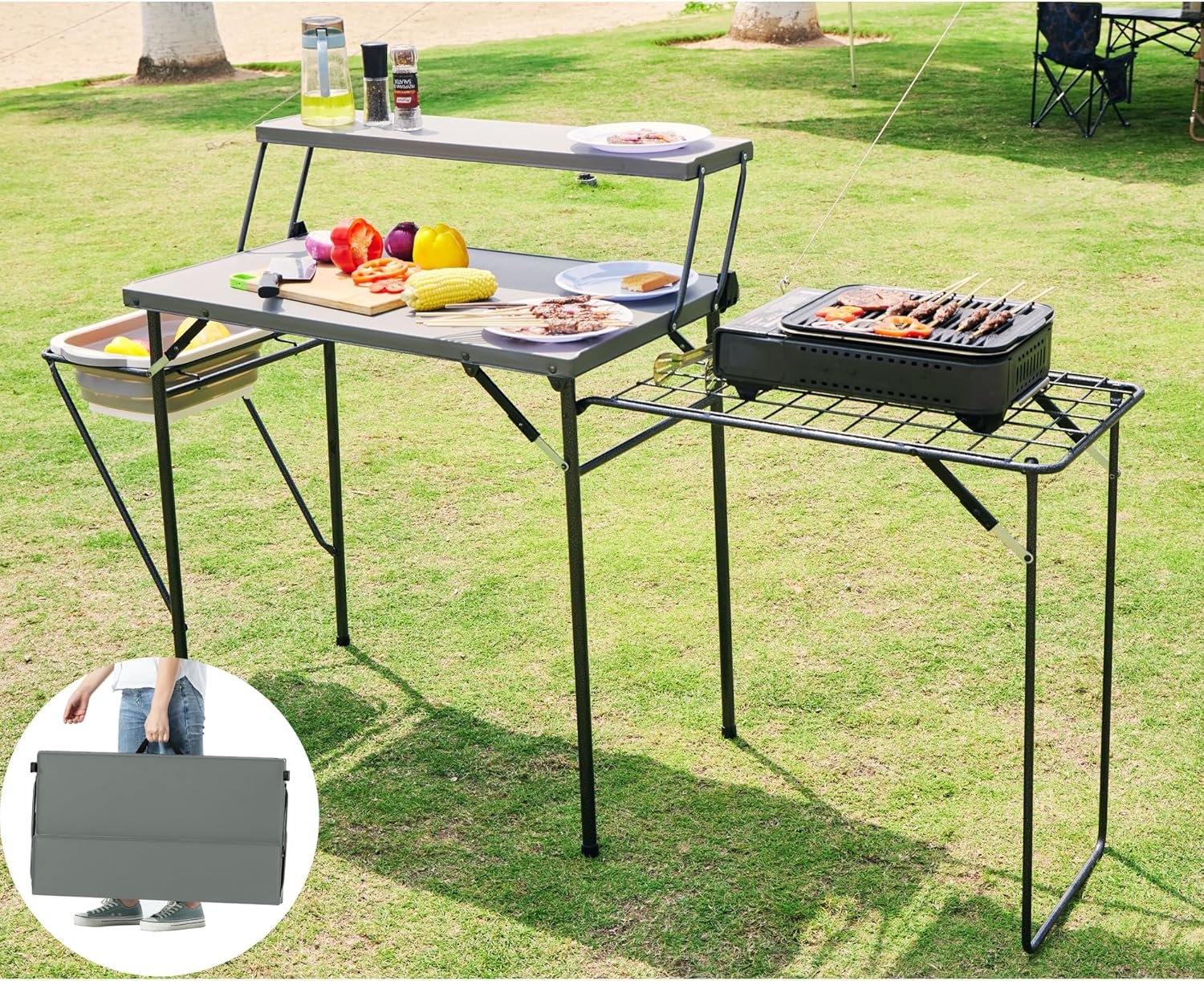 Folding Grill Tables for Outside Camping, Lightweight Kitchen Camping Table with Grill Stand for Stove, Grey